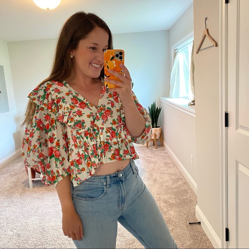 Rhode Resort White Pink Red Floral Dazzle Elodie Crop Blouse Top Medium M - Picture 9 of 15